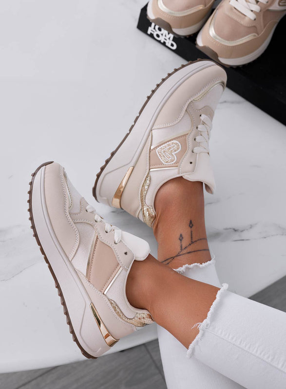 BEATRICE - Beige sneakers with gold glitter heart