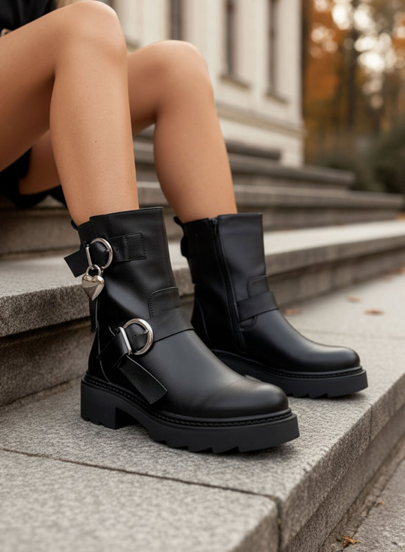 BEATRIX - Black Alexoo ankle boots with buckles and heart pendant