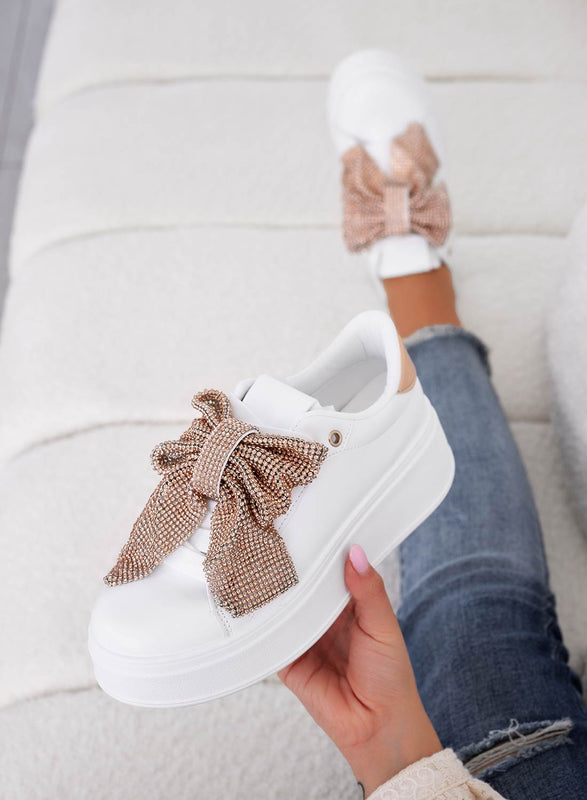 BELGIAN - White sneakers with bow in rose gold rhinestones