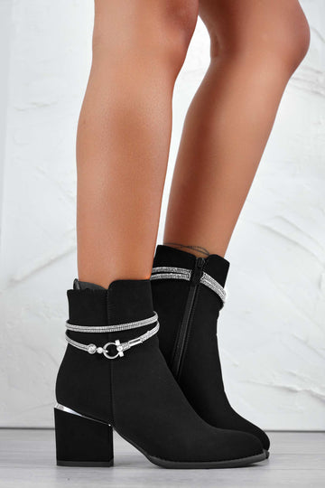 BERNA - Bottines noires en daim avec bande bijou