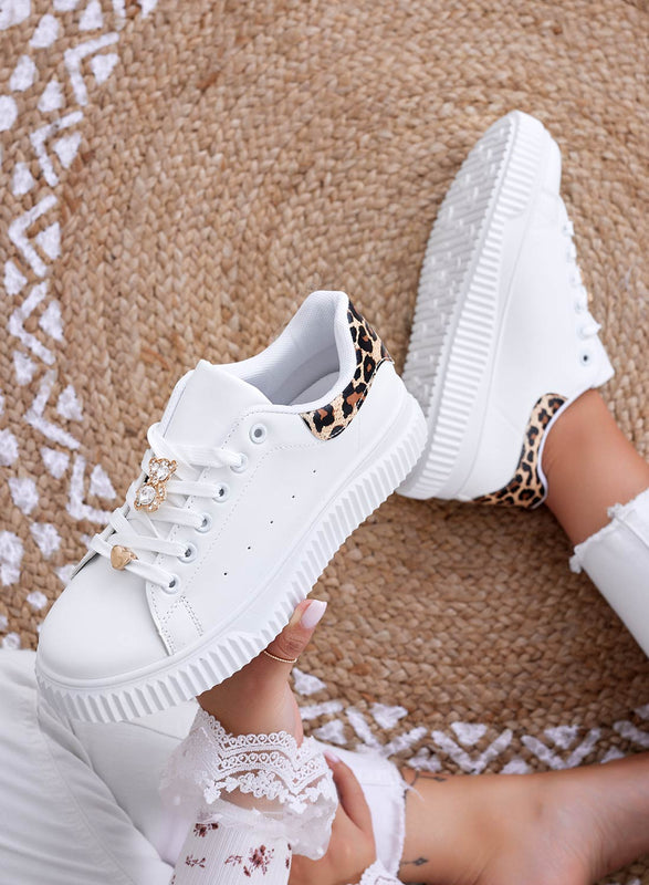 BEVERLY - White sneakers with jeweled bear and spotted back