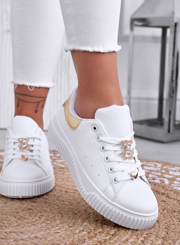 BEVERLY - White sneakers with jeweled bear and gold back