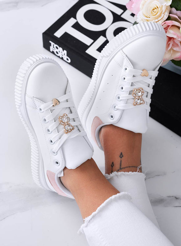 BEVERLY - White sneakers with jewel bear and pink back