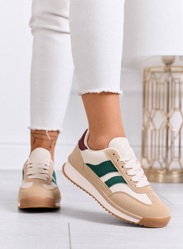 BIELLA - Beige fabric sneakers with green details and rubber sole