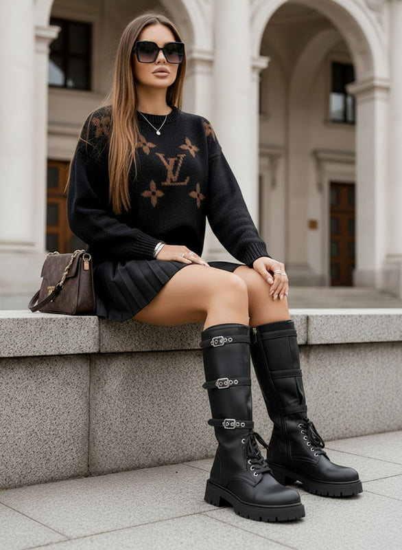 DIAMANTE - High black combat boots with buckles and laces