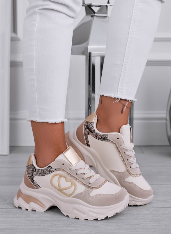 BORA - Beige sneakers with heart and gold inserts