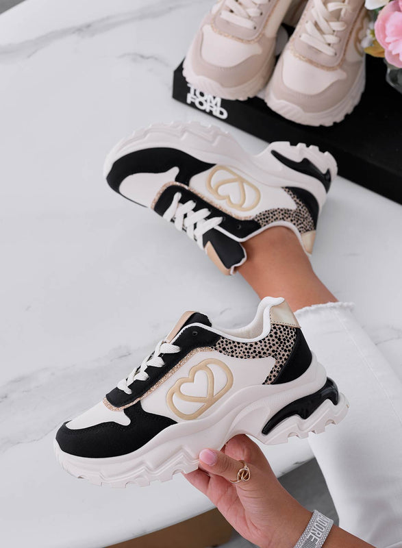 BORA - Black sneakers with heart and gold inserts