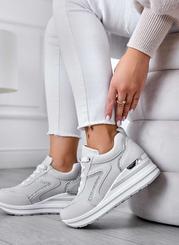 BRISA - Grey sneakers with glitter inserts and wedge heel