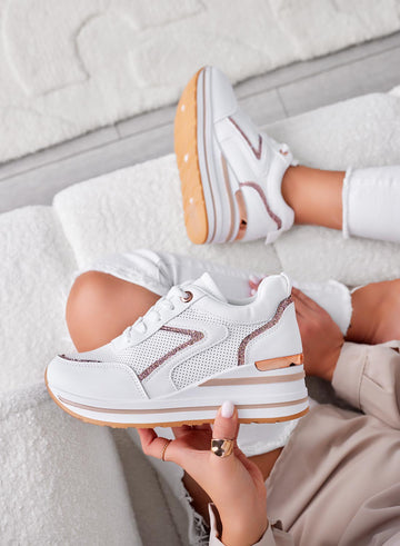 BRISA - White sneakers with rose gold glitter inserts and wedge heel