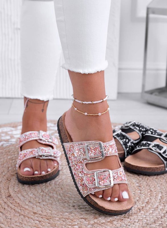 BROOKE - Pink jeweled sandals with buckles and rhinestones