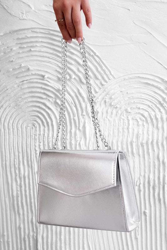 Metallic silver clutch bag B217 with chain