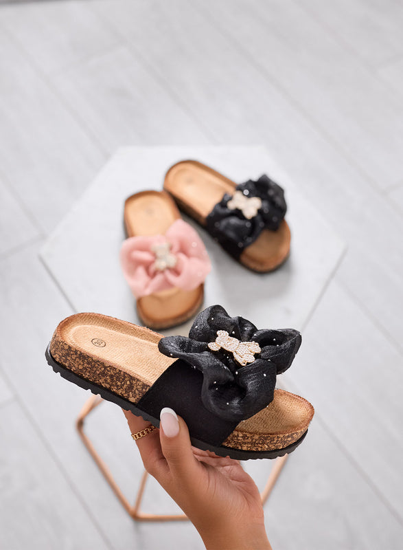 CAIRO - Sandalias negras Zapatillas niña con lazo maxi y osito joya