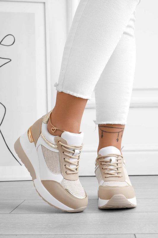 CAIRO - Beige sneakers with gold glitter fabric inserts