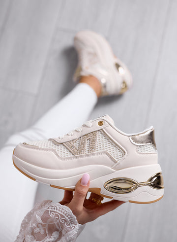 CAMILLA - Sneakers Beige con Strass e Dettagli oro