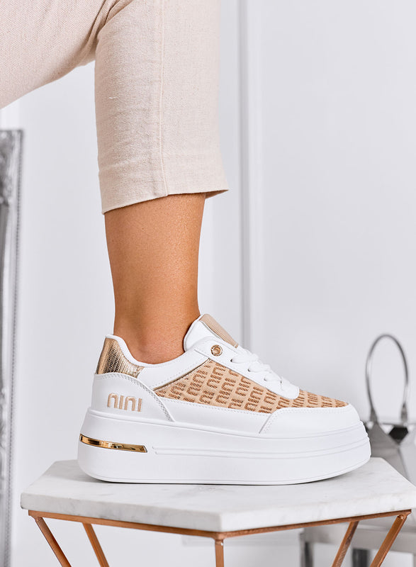 CAMILLA - Sneakers bianche platform con inserti in tessuto beige