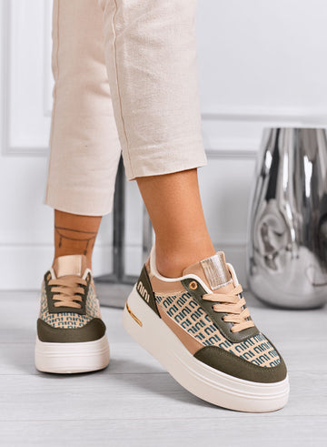 CAMILLA - Green platform sneakers with beige fabric inserts