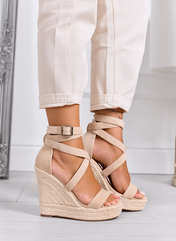 CARACAS - Beige espadrilles with high wedge and crossed straps
