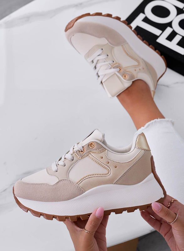 CARLA - Beige sneakers with gold studs and high sole