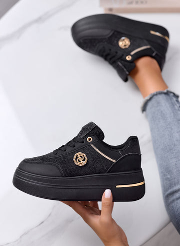 CARLA - Sneakers Nere Platform con Dettagli Oro e Glitter