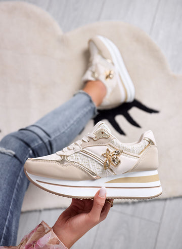 CARMEN - Beige sneakers with gold jewel bee