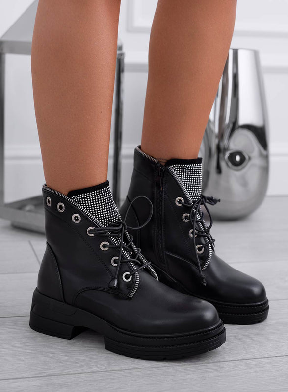 CARMEN - Black low ankle boots with rhinestones