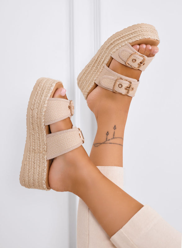 CAROLINA - Sandalias plataforma beige de tela con doble hebilla y suela de cuerda