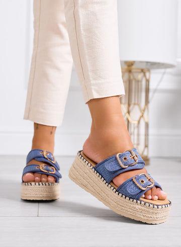 CAROLINA - Blue fabric platform sandals with double buckle and rope sole