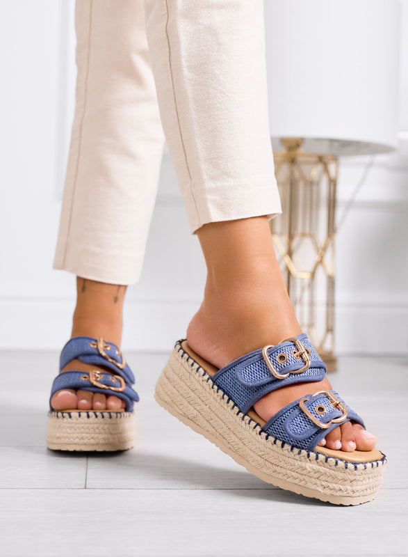 CAROLINA - Sandales plateforme bleus en tissu avec double boucle et semelle en corde