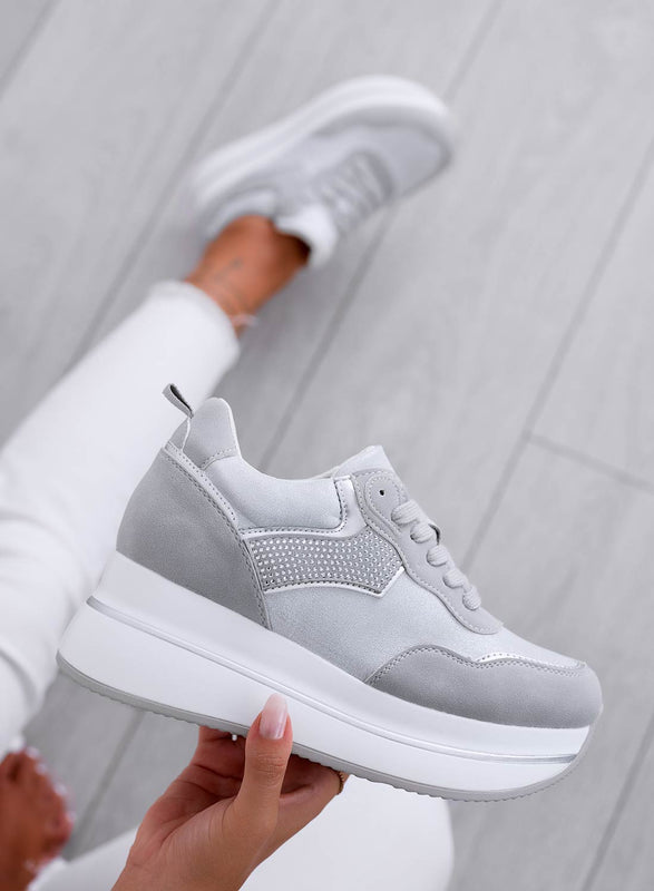 CAROLINE - Grey sneakers with white wedge and rhinestones