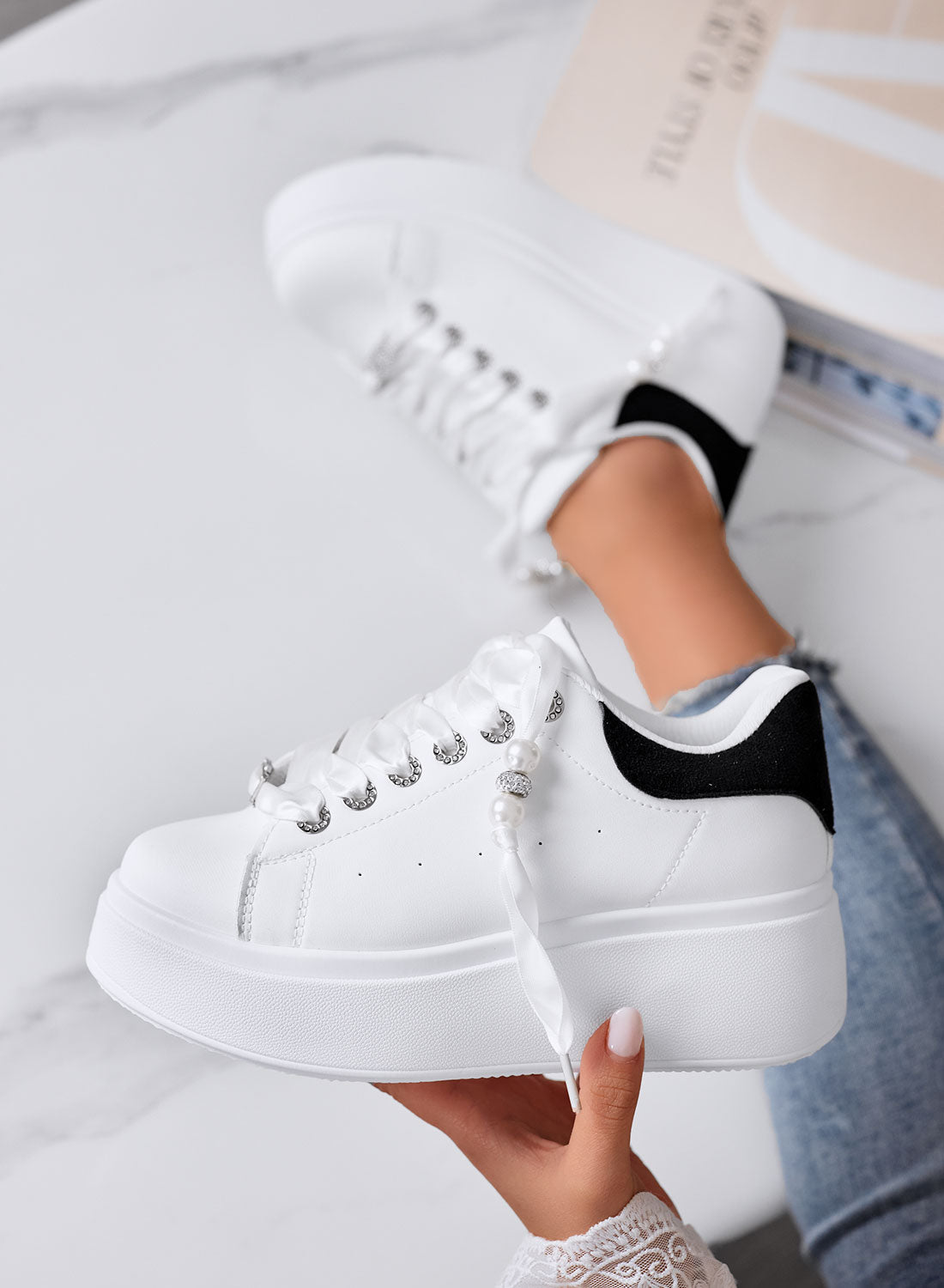 CARTER - White Platform Sneakers with Black Heel, Satin Laces, and Pearls