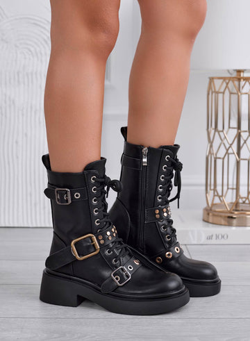 CATERINA - Black ankle boots with buckles and studs