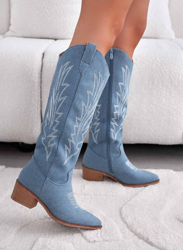 CECILIA - Blue denim camper boots with embroidery