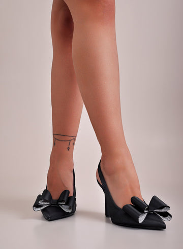 Black satin pumps with bow and rhinestones