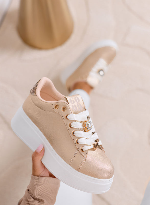 CETTY - Rose gold sneakers with jewel charms and white platform sole