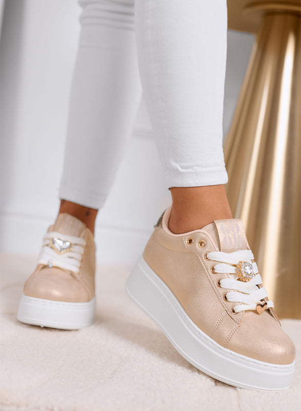 CETTY - Rose gold sneakers with jewel charms and white platform sole