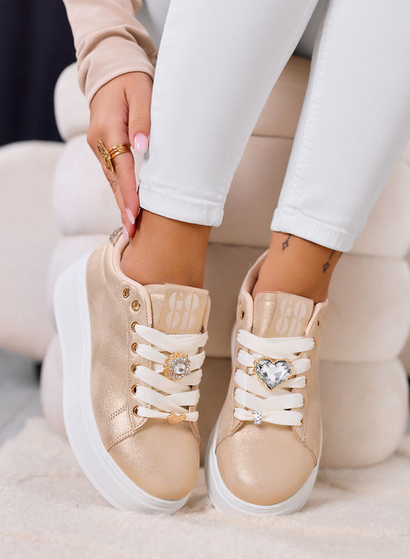 CETTY - Rose gold sneakers with jewel charms and white platform sole