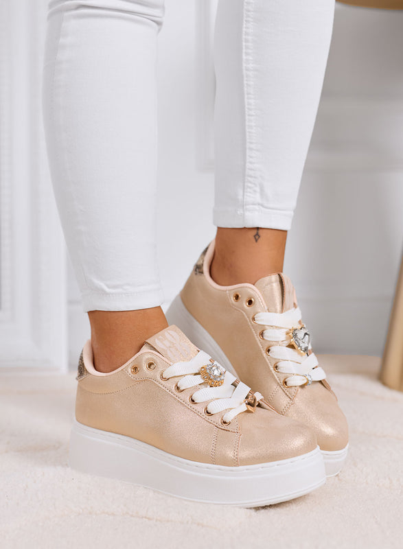 CETTY - Rose gold sneakers with jewel charms and white platform sole