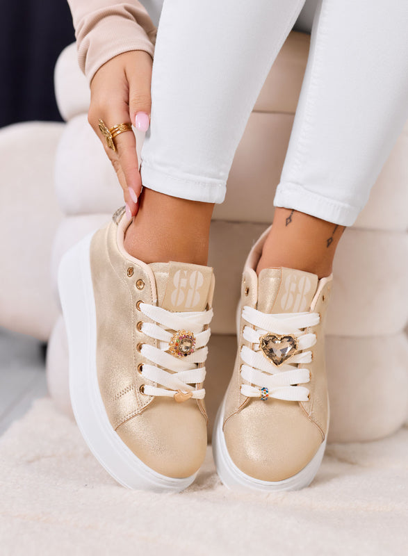 CETTY - Gold sneakers with jewel charms and white platform sole