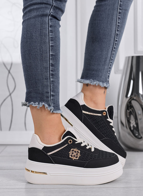 CLARA - Baskets noires à plateforme avec inserts tressés et détails dorés
