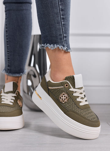 CLARA - Green Platform Sneakers with Woven Inserts and Gold Details