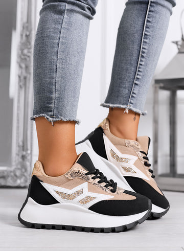 CLARISSA - Baskets beige et noires avec détail pailleté et semelle épaisse