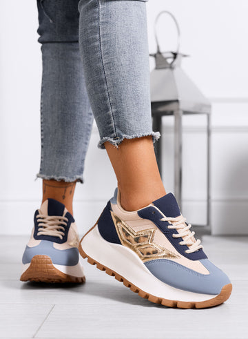 CLARISSA - Blue and beige sneakers with animal print detail and chunky sole