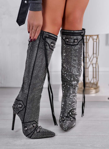 CLAUDIA - Black jeweled boots with high heel