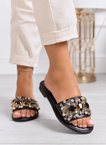 CLELIA - Black jeweled sandals with stones and low sole