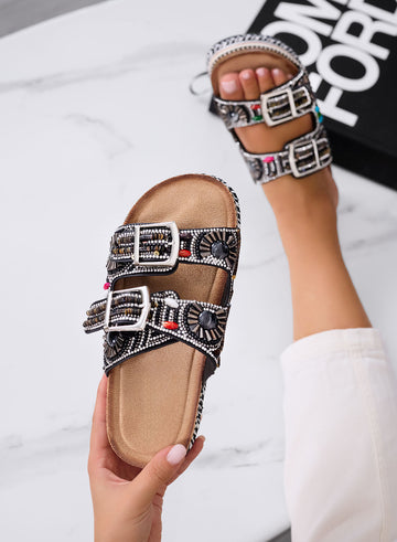 CLOE - Black ethnic platform sandals and slippers with buckles and colorful details