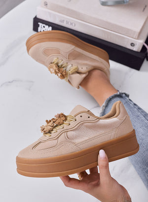 CLOE - Sneakers Donna beige con Fiori e Suola Platform