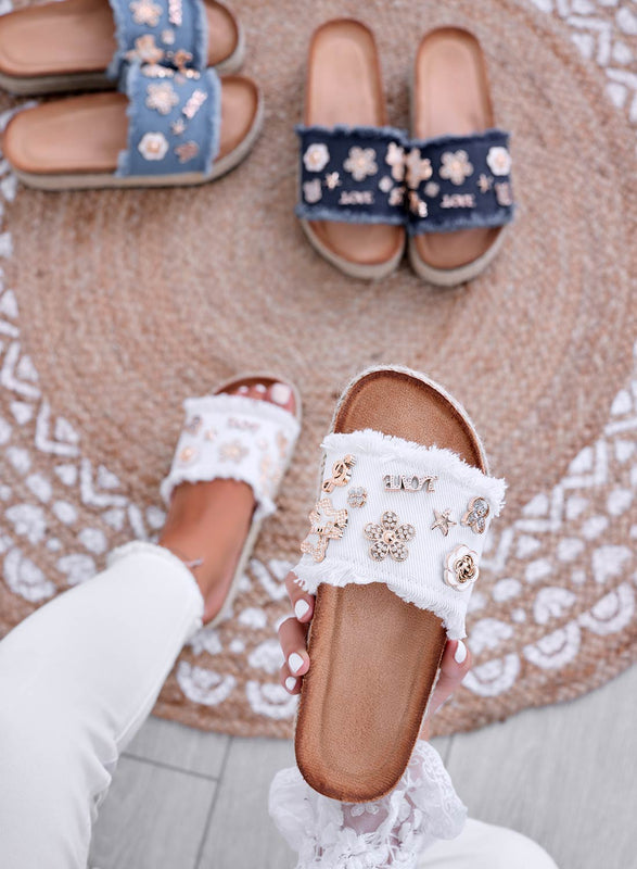 COLEEN - White slipper sandals with gold appliques