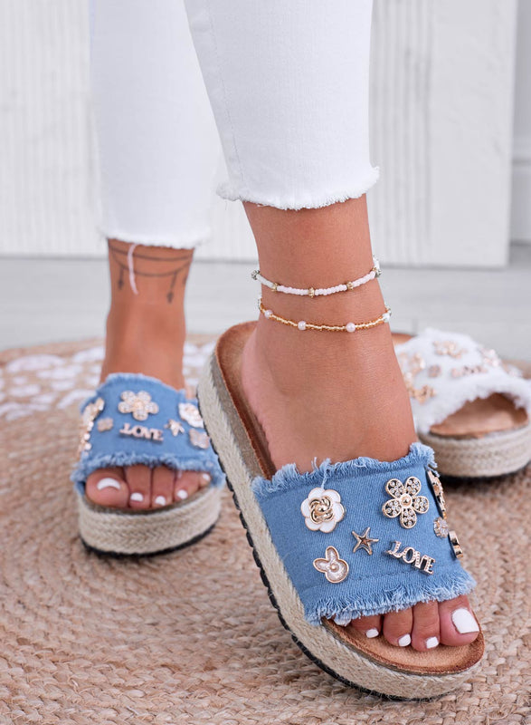 COLEEN - Blue jeans slipper sandals with gold appliques