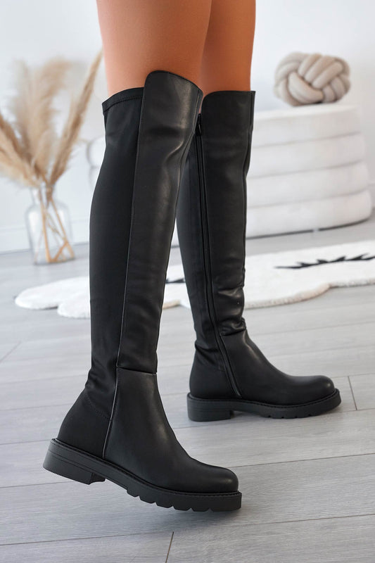 COLLINS - Black thigh high boots in elastic fabric