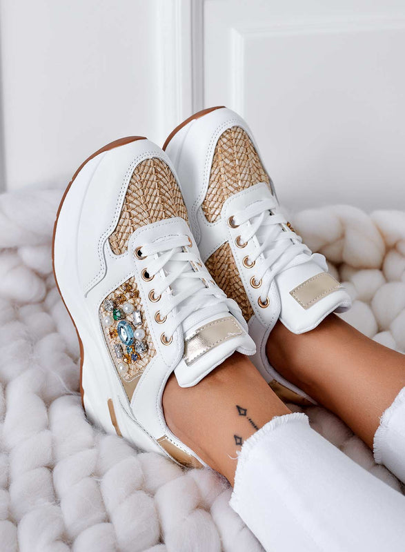 COOPER - White sneakers with fabric and jewel inserts